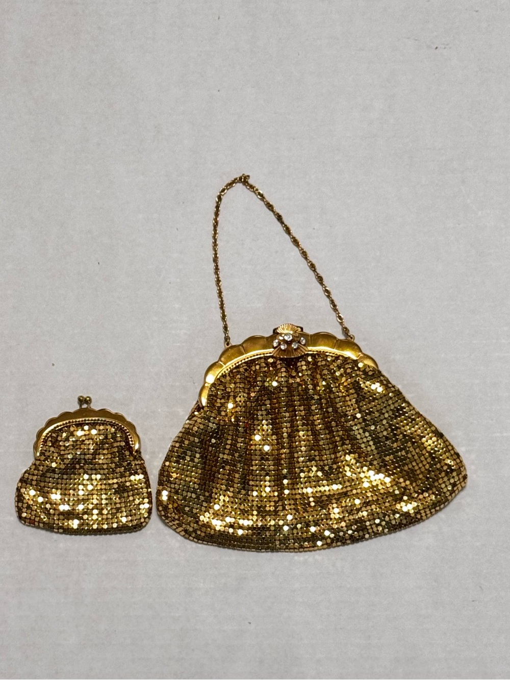 Rhinestone Gold Mesh Purse Duramesh 1940's Glomesh Wedding Purse with mini